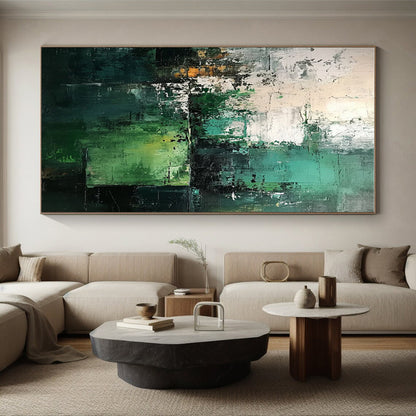 Oversized Abstract Wall Art with Multilayered Green, Teal, and White Textures, Large Contemporary Wall Art PT208