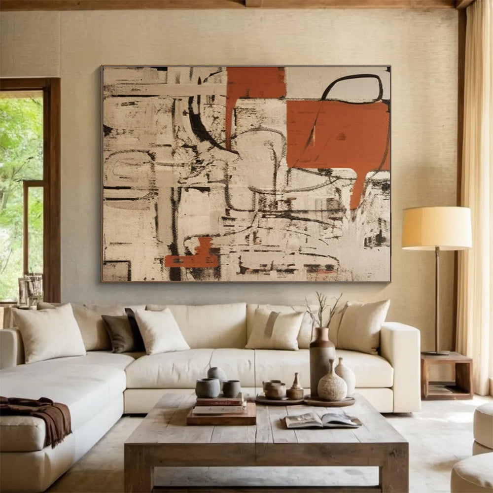 Large Size Orange, Black & Beige Abstract Geometric Art HPS212