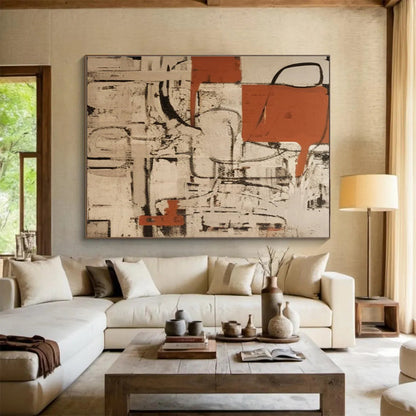 Large Size Orange, Black & Beige Abstract Geometric Art HPS212