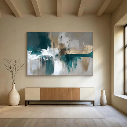 Modern Art Acrylic Teal, Gold, Gray & White Textured Abstract Painting HPS299