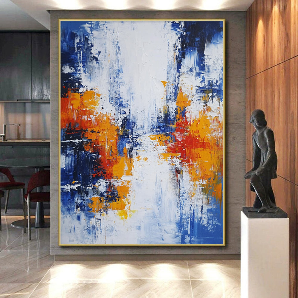 Original Large Abstract Paintings For Sale, Blue White Orange Red Abstract Expressionist Art PT132