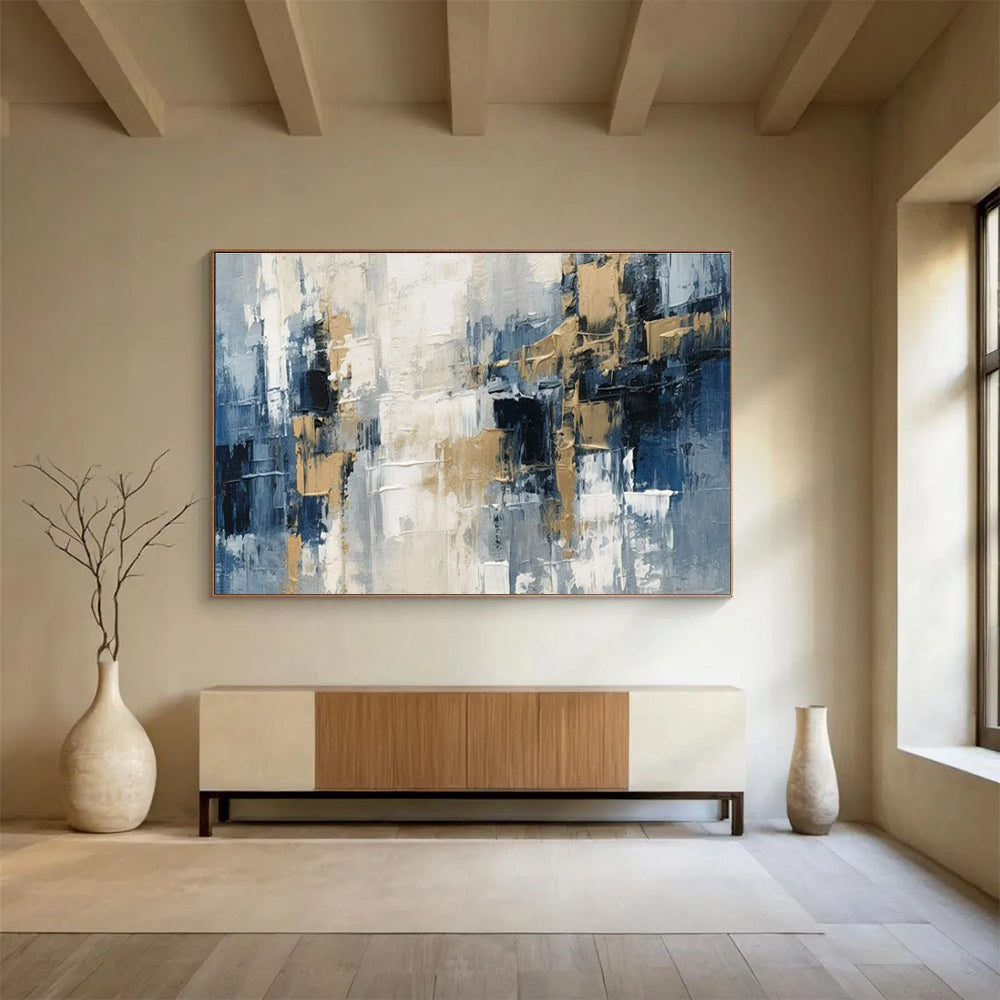 Large Painting In Living Room Blue, Gray, and Gold Textured Abstract Geometric Art HPS395