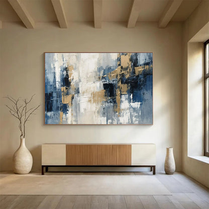 Large Painting In Living Room Blue, Gray, and Gold Textured Abstract Geometric Art HPS395