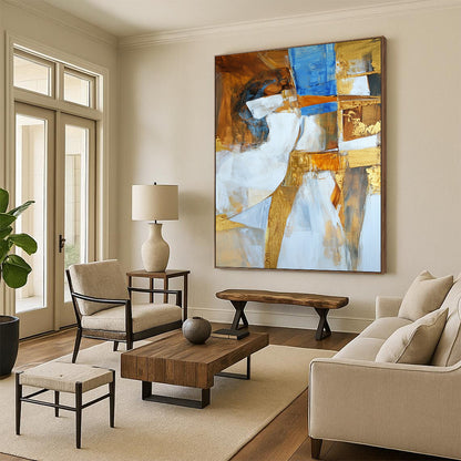Original Large Abstract Paintings For Sale, Gold Blue White Abstract Textured Art PT162