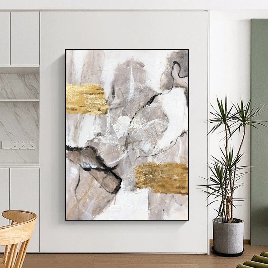 Acrylic Modern Art Paintings Gray, White & Gold Textured Abstract Painting On Canvas PT057