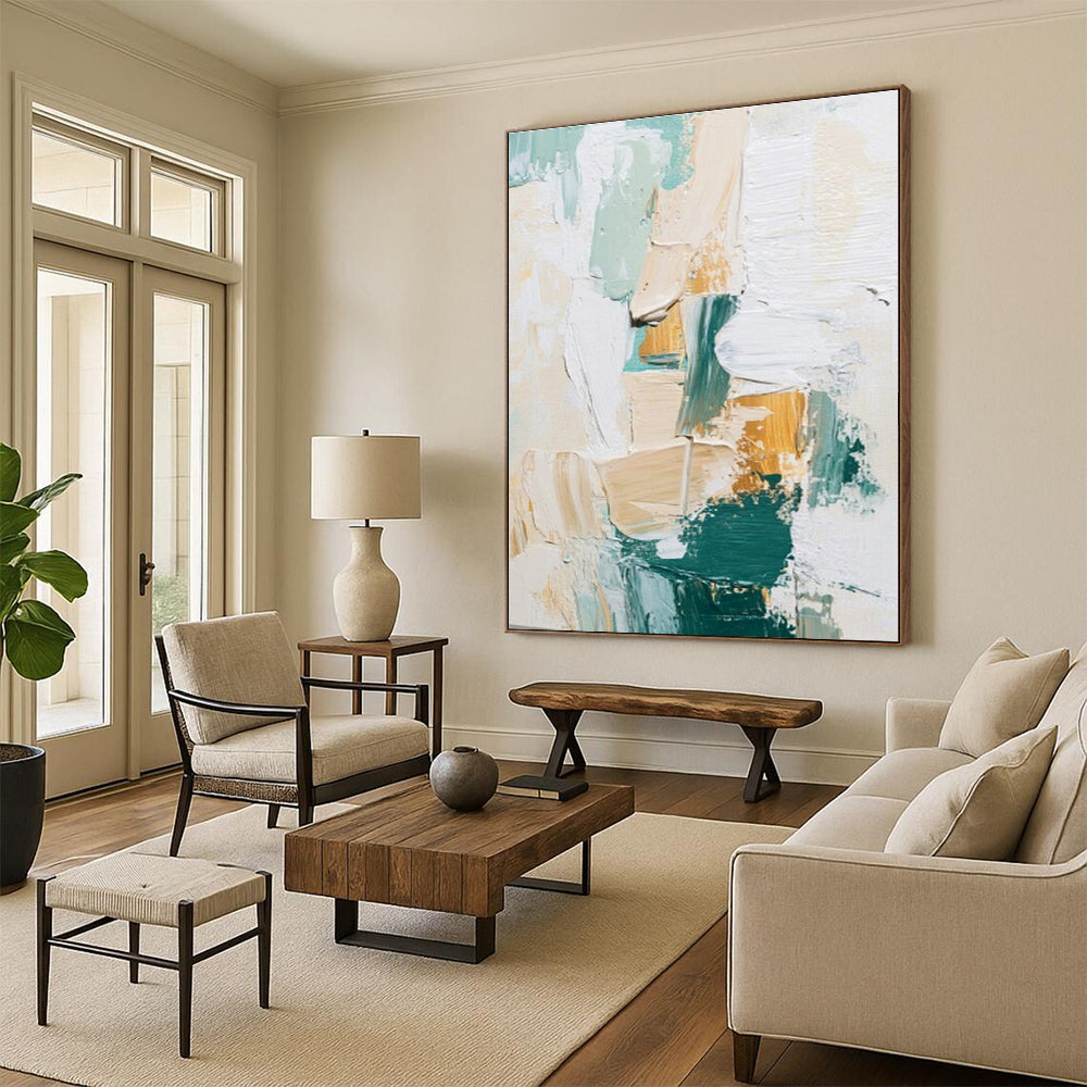 Acrylic Modern Art Paintings Green, Beige, and Gold Textured Abstract Art PT742