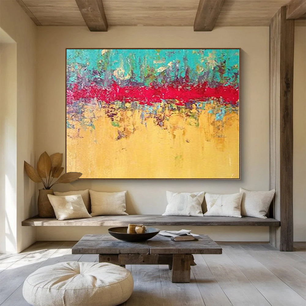 Unique Abstract Art Turquoise, Red & Yellow Textured Abstract Painting On Canvas HPS097