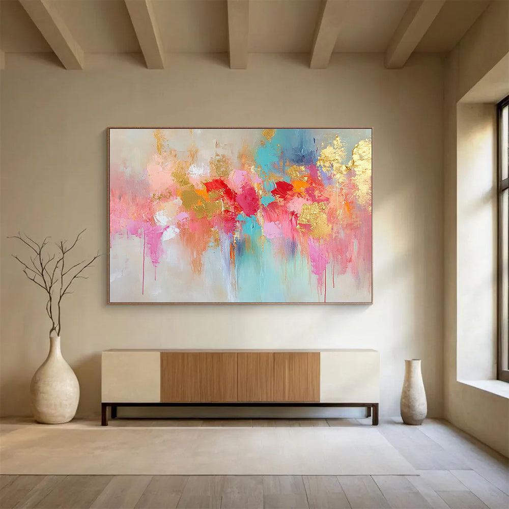 Gaint Canvas Art Colorful Abstract Floral with Gold Foil Modern Art Acrylic HPS302