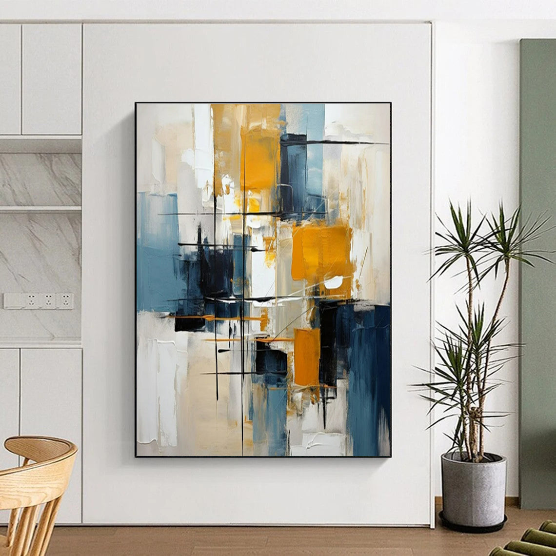 Hand Painting Blue, Yellow, and White Geometric Abstract Art PT782
