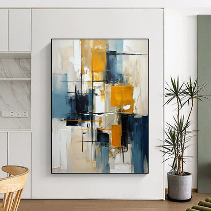 Hand Painting Blue, Yellow, and White Geometric Abstract Art PT782