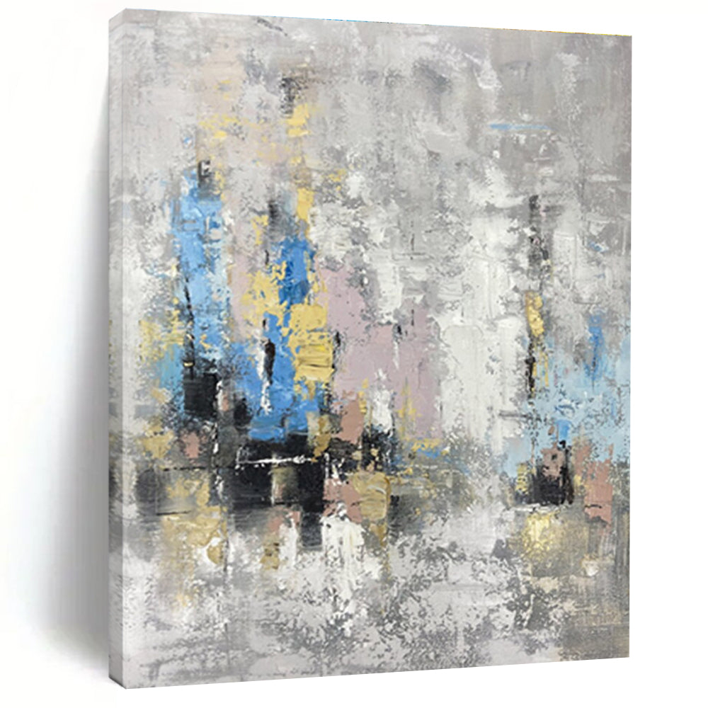 Hand Painted Art in Grey, Blue, Yellow, Pink, and Gold Abstract Textural Layers PT244