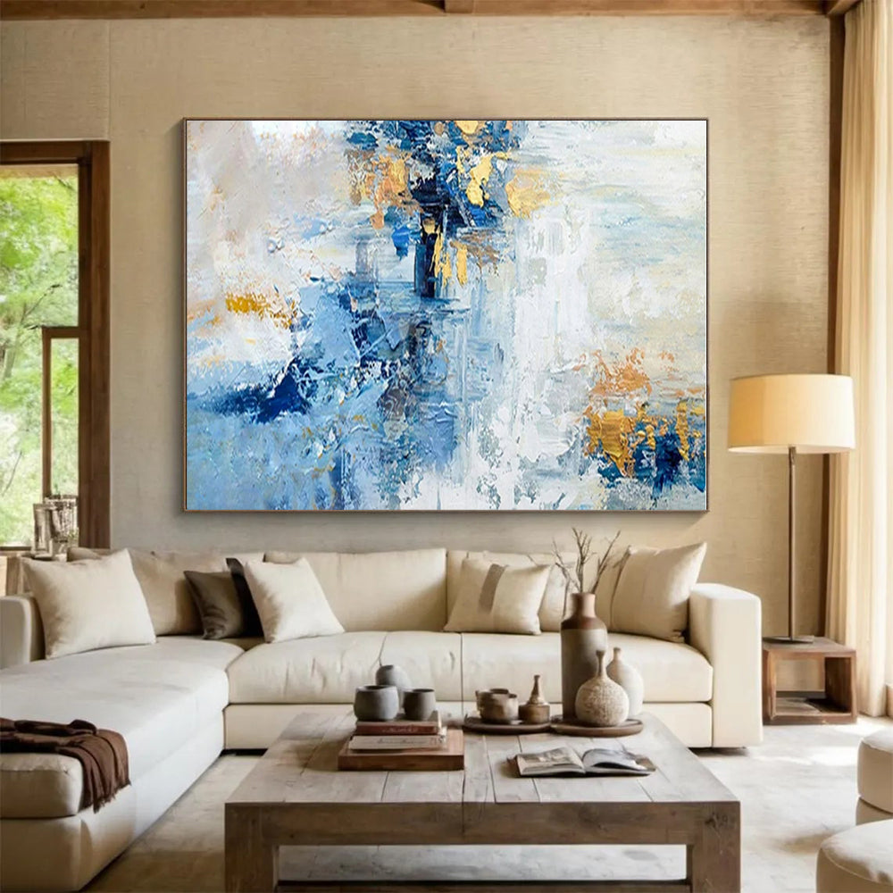 Cool Abstract Paintings Blue and Gold Abstract Textured Composition, Large Painting In Living Room PT538