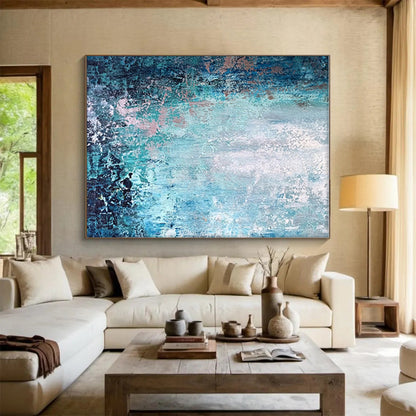 Oversized Abstract Wall Art in Teal, Blue, and Pink, Handmade Art Piece PT295