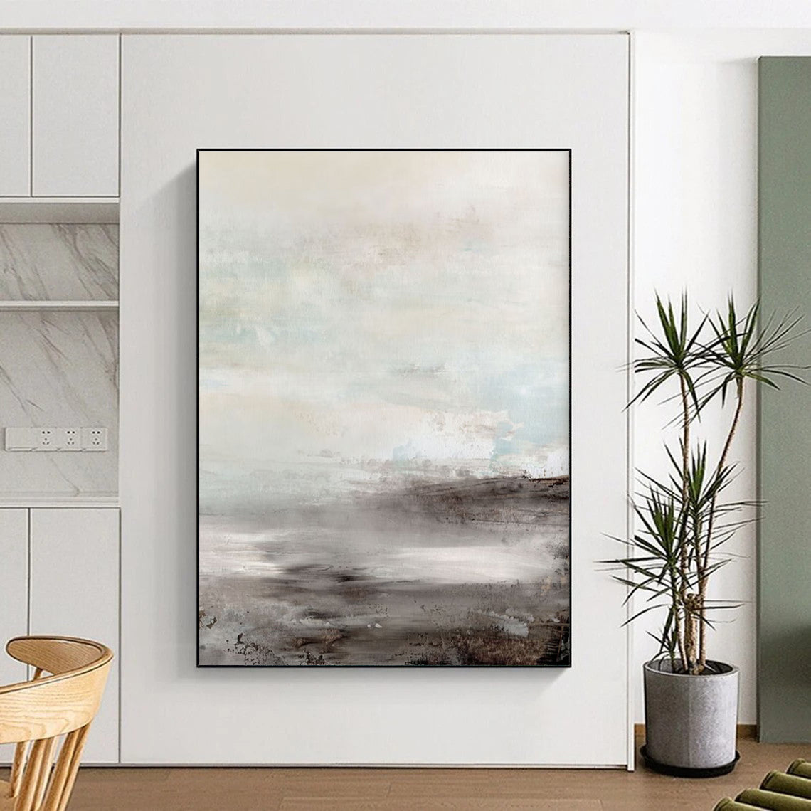 Big Painting in Beige, Grey, and Brown Abstract Misty Landscape Art PT238