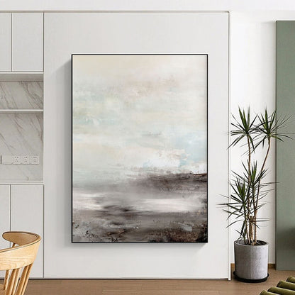 Big Painting in Beige, Grey, and Brown Abstract Misty Landscape Art PT238