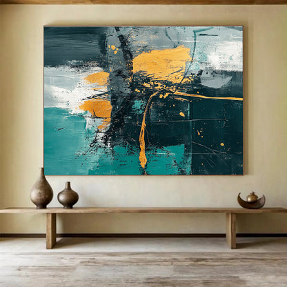 Oversized Abstract Wall Art Teal, Gold, and Black Textured Expressionist Art HPS327