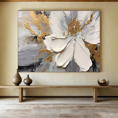 Large Size White, Gray, and Gold Textured Abstract Floral Art HPS394