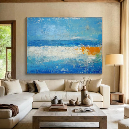 Large Contemporary Wall Art Blue, White & Orange Textured Coastal Abstract Painting HPS286