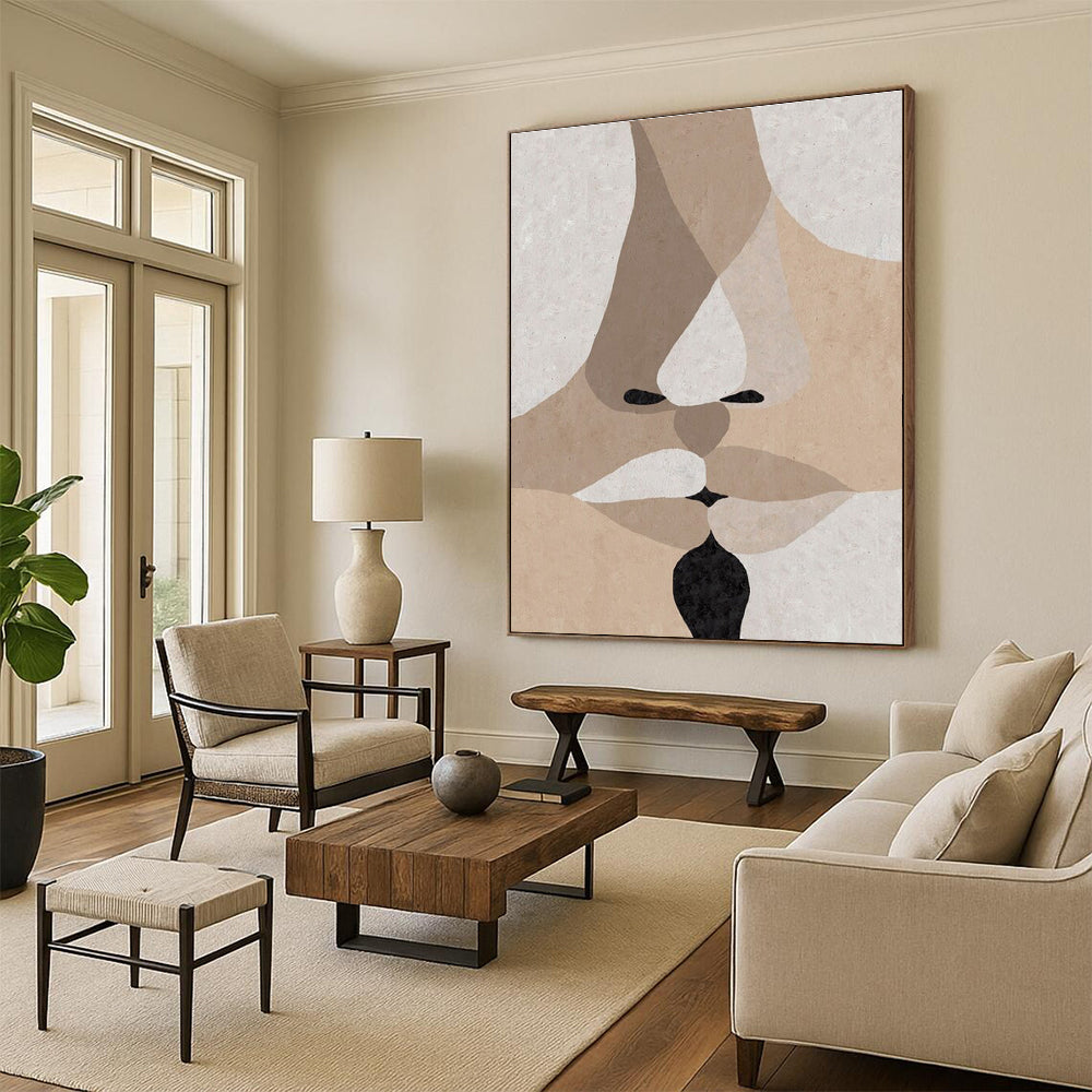 Handmade Art Beige, Black, and White Facial Abstract Art PT709