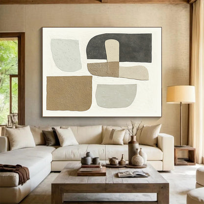 Wall Decor Abstract Paintings Large With Beige, Gray, Brown Geometric Shapes On Canvas PT186