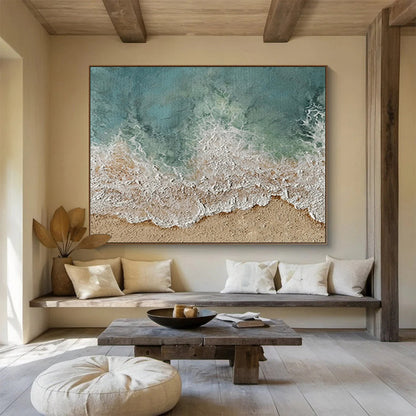 Hand Painted Art Turquoise & White Textured Beach Abstract Painting HPS226