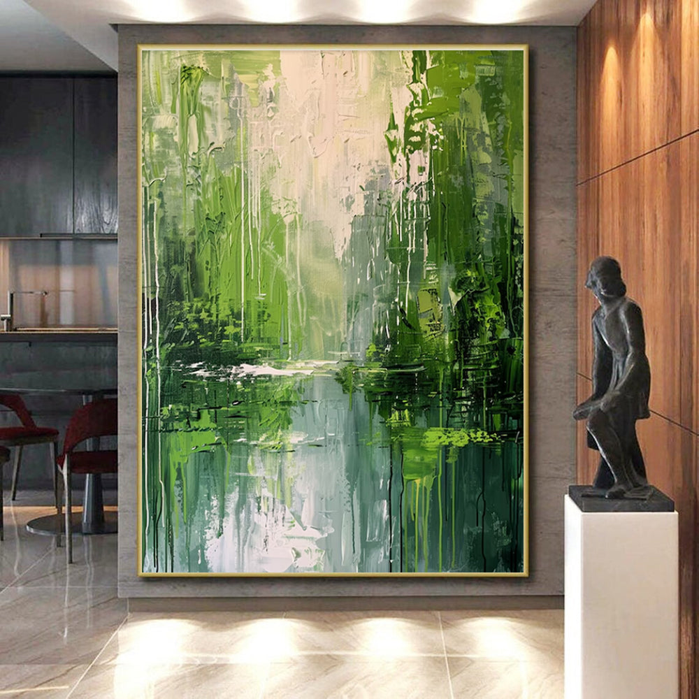 Hand-Painted Large Abstract Painting For Living Room With Green, White Textured Landscape-Inspired On Canvas PT200