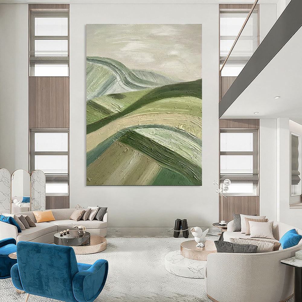 Large Size Green & Beige Abstract Rolling Hills, Large Contemporary Wall Art DPS505