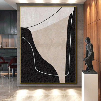 Hand-Painted Black, Beige, and White Geometric Abstract Art PT682