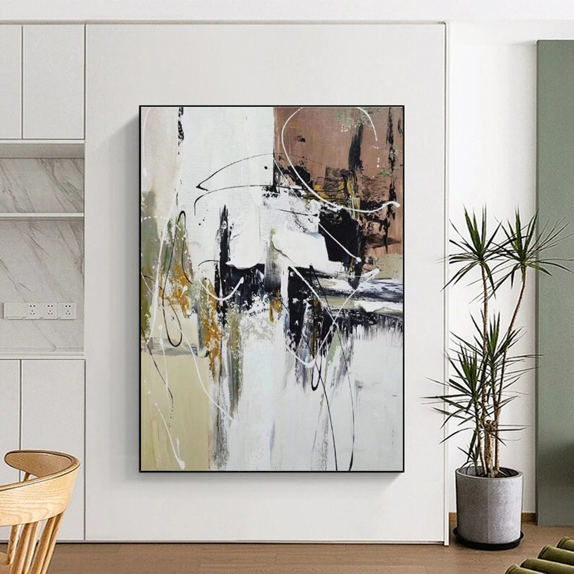 Cool Abstract Paintings Black White Beige Dynamic Abstract Acrylic Art PT348