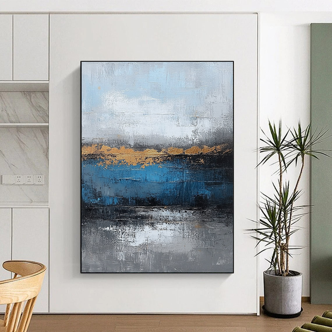 Large Contemporary Wall Art Blue, Gray, and Gold Abstract Landscape Painting DPS429