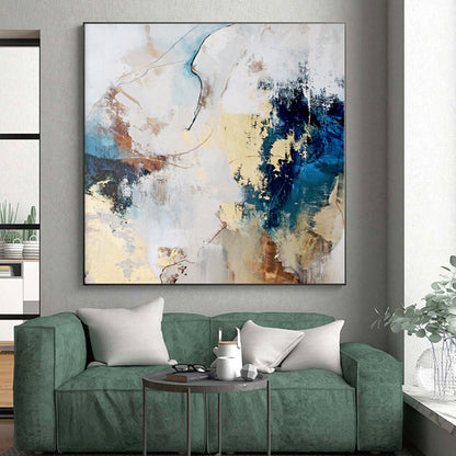 Hand-Painted Blue, Beige, and Gold Abstract Art with Dynamic Brushstrokes PT011