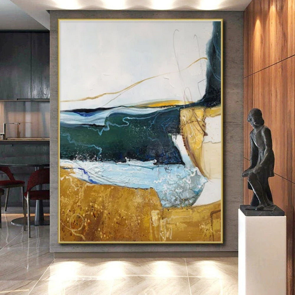 Hand Painting Blue, Green, and Gold Textured Landscape Abstract Art PT811