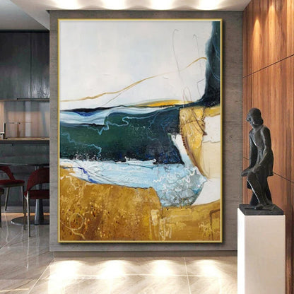 Hand Painting Blue, Green, and Gold Textured Landscape Abstract Art PT811