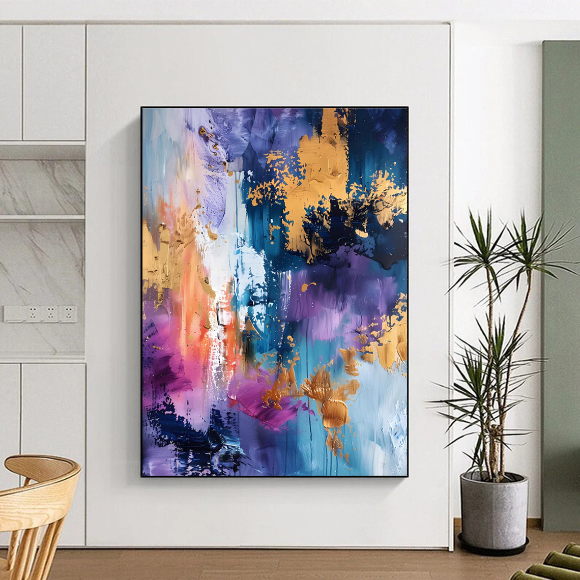 Oversized Abstract Wall Art in Purple, Blue, Pink, Orange, and Gold Textural Abstract Compositions PT255