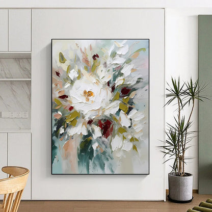 Hand-Painted White, Green & Red Floral Abstract, Paintings For House DPS501