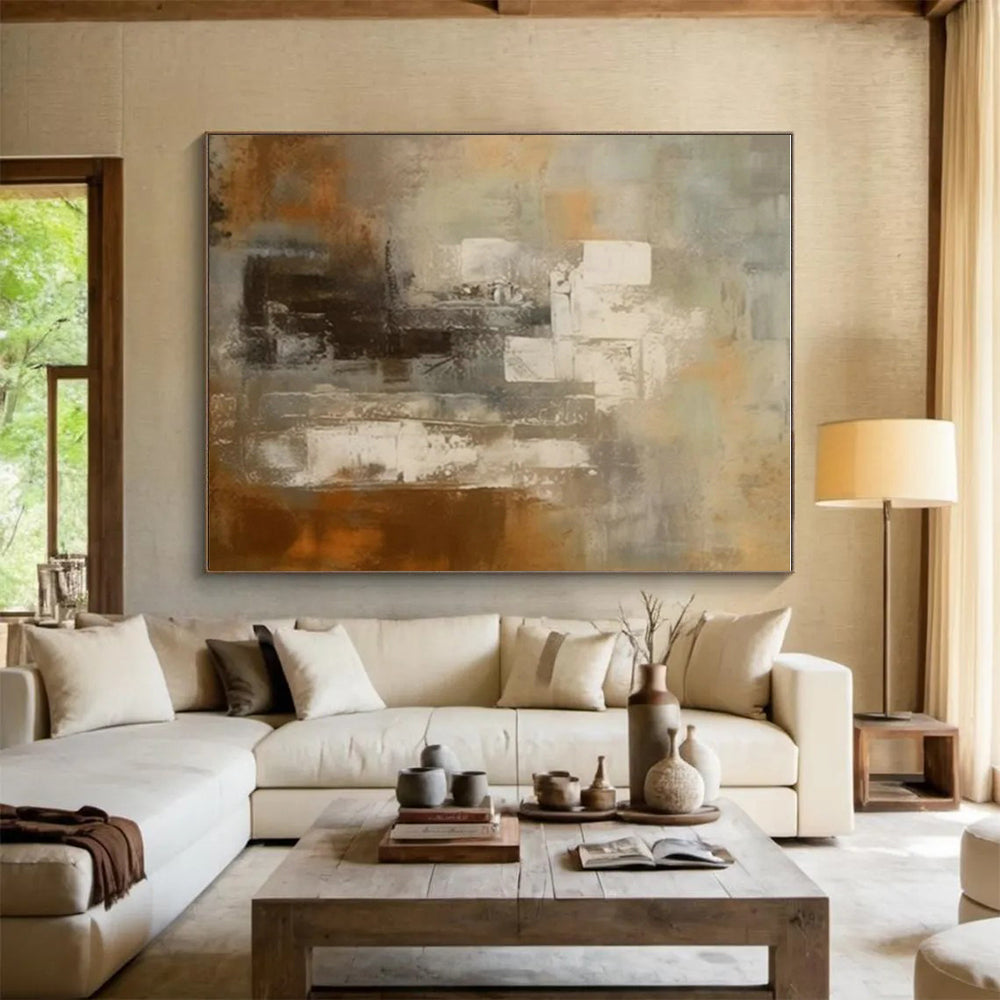Hand-Painted Brown and Gray Abstract Architectural Study, Large Contemporary Wall Art PT518