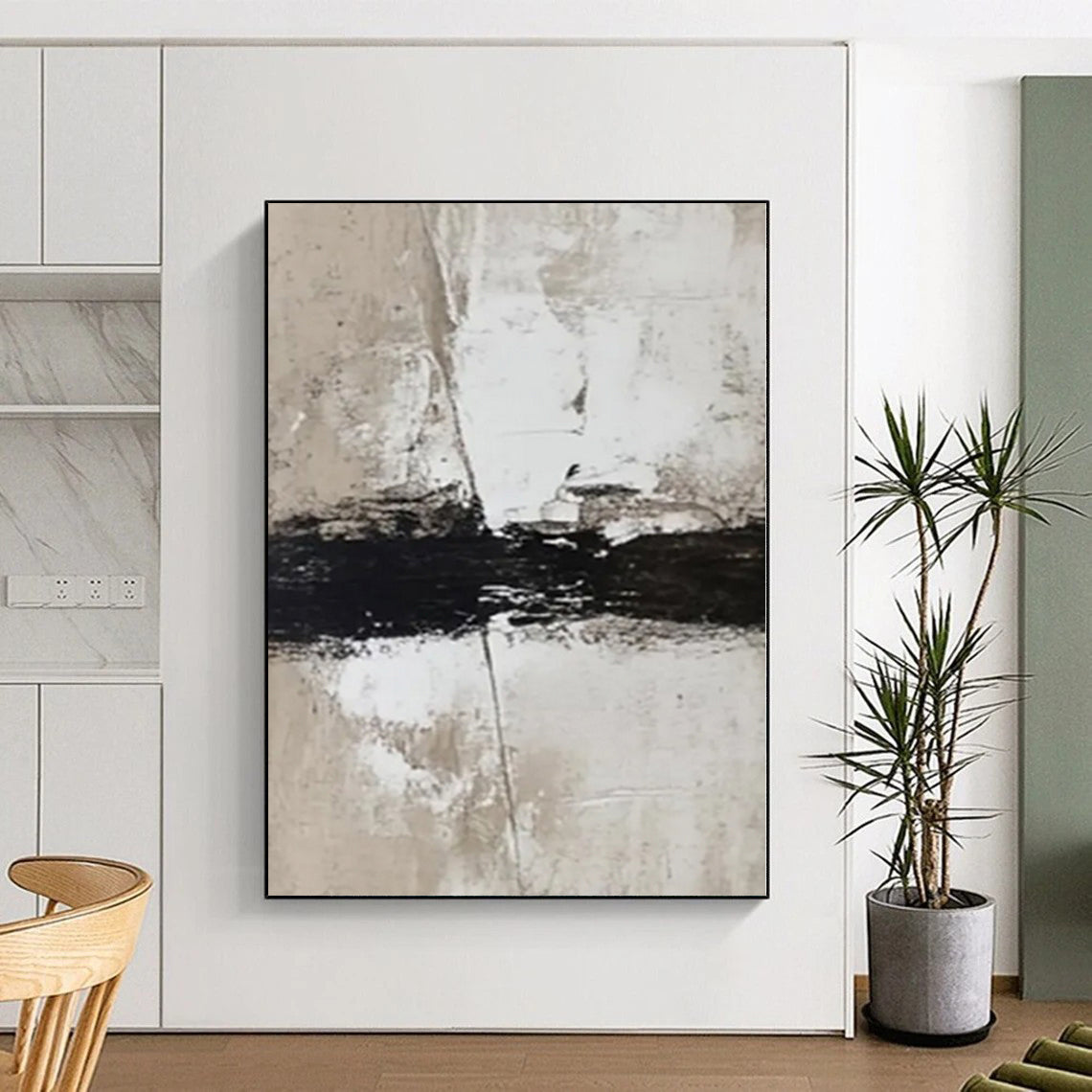 Minimalist Canvas Art in Black, White, and Beige, Handmade Art PT007