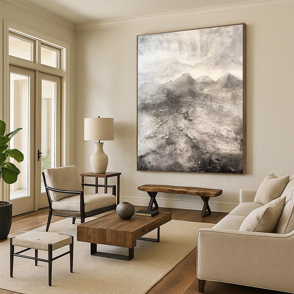 Hand-Painted Grey and White Abstract Textural Mountain Landscape Art PT251