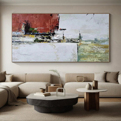 Hand Painted Art with Red, White, Green, and Beige Textured Abstract Forms, Large Painting In Living Room PT213