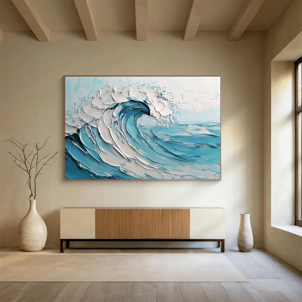 Gaint Canvas Art Blue & White Textured Wave Impressionistic Acrylic Painting HPS242