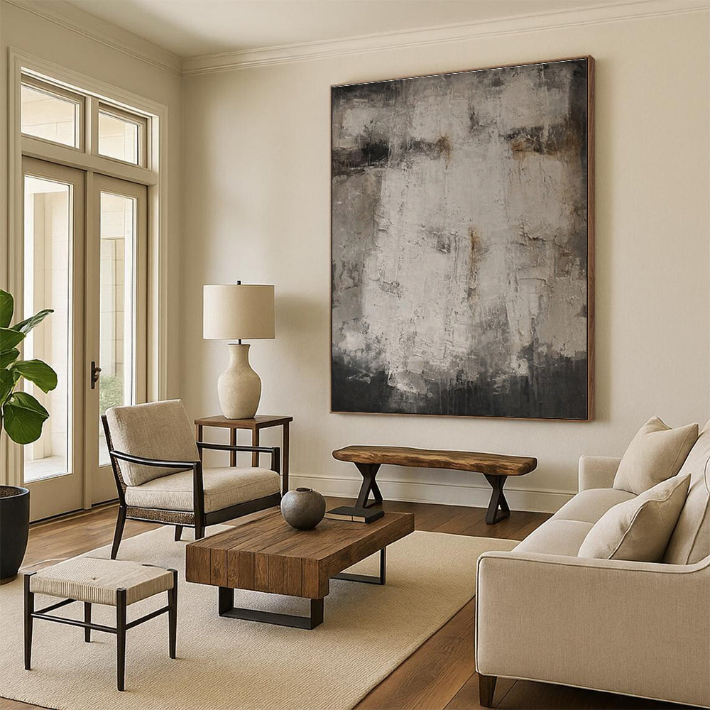 Handmade Art in Gray and White Textured Abstract Composition, Acrylic Modern Art PT318