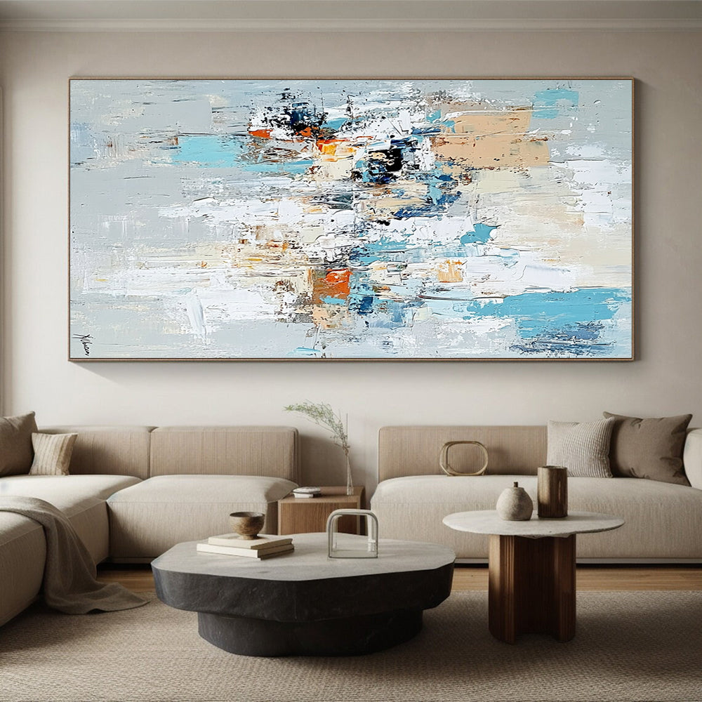 Affordable Large Abstract Wall Art, Blue Beige Orange Abstract Textured Art PT158