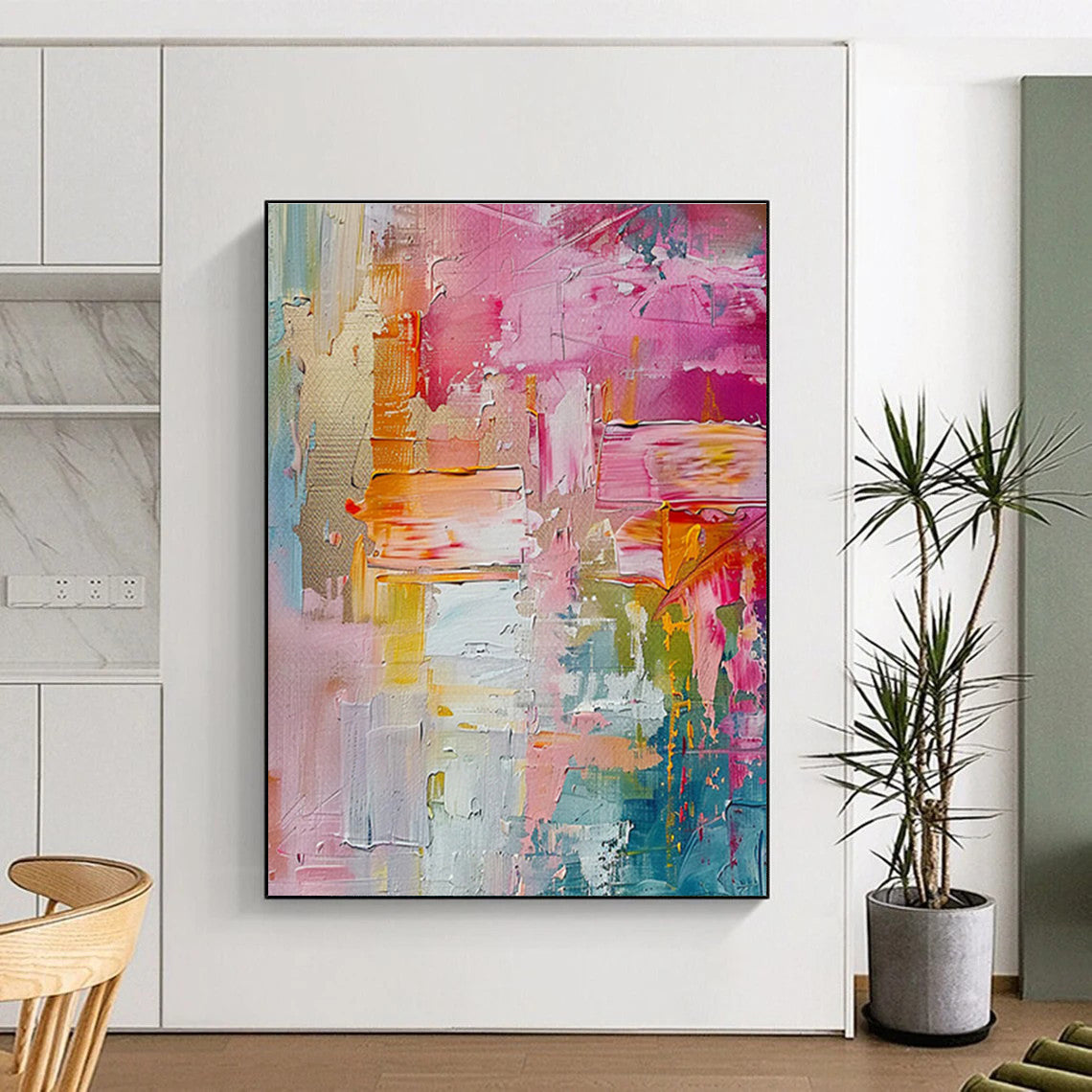 Large Painting In Living Room with Pink, Orange, Yellow, and Blue Abstract Impasto, Acrylic Modern Art PT298