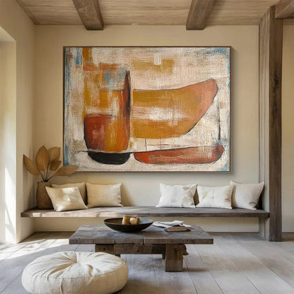 Minimalist Canvas Art Earth Tones (Brown, Beige, Blue) Geometric Abstract Painting HPS239