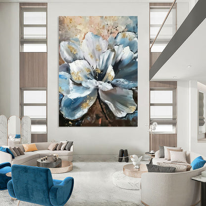 Hand Painted Art Blue and White Floral with Gold Accents Abstract Flower Painting DPS428
