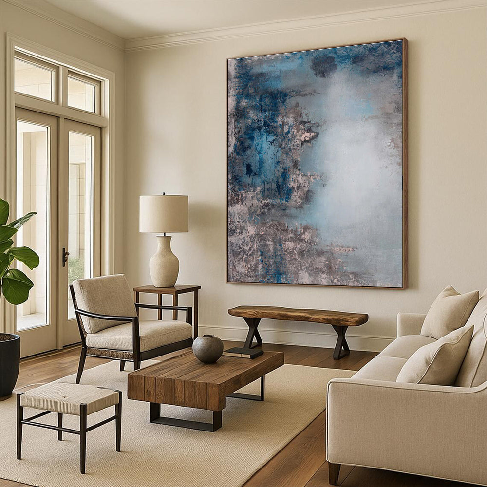 Minimalist Canvas Art in Blue and Gray Tones, Hand Painted Abstract Piece PT282