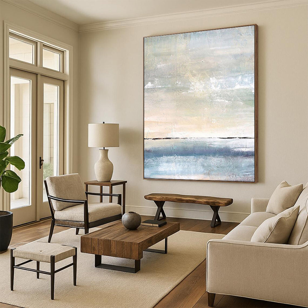 Large Contemporary Wall Art Blue, Beige, and Gray Textured Abstract Seaside Art DPS471