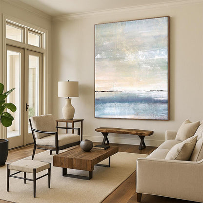 Large Contemporary Wall Art Blue, Beige, and Gray Textured Abstract Seaside Art DPS471