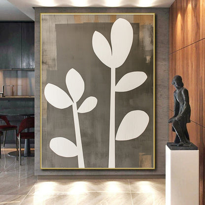 Wall Decor Abstract Paintings Large, Gray White Minimalist Plant Abstract Art PT136