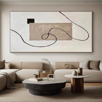 Handmade Art Beige, Black & White Minimalist Abstract Painting On Canvas PT064